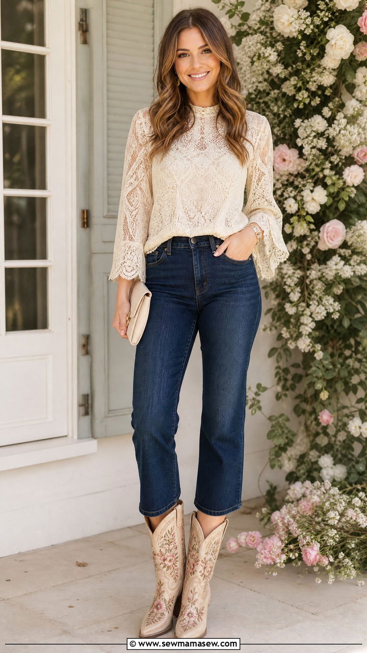 Cowboy Boots With Embroidered Jeans and Lace Top - 30 Cowboy boots outfit ideas with jeans