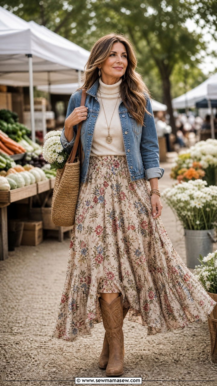 Cowboy Boots With Flowy Boho Maxi Skirt - 25 How to style cowboy boots over 40