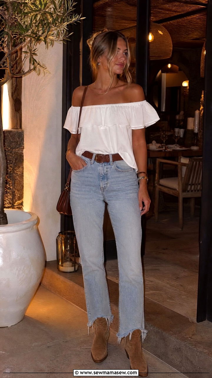Cowboy Boots With Frayed Hem Jeans and Off Shoulder Top - 30 Cowboy boots outfit ideas with jeans