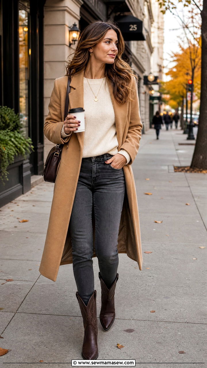 Cowboy Boots With Grey Jeans and Camel Coat - 30 Cowboy boots outfit ideas with jeans