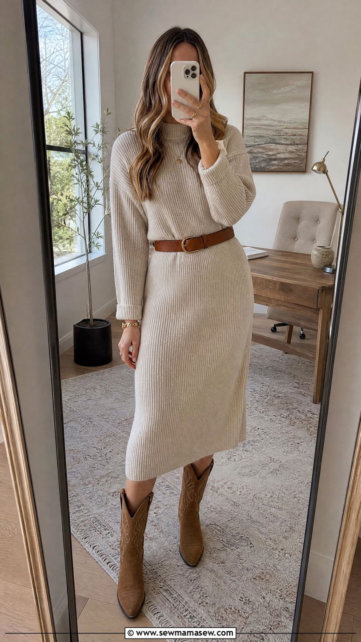 Cowboy Boots With Knit Dress and Belt - 20 How to style cowboy boots for work