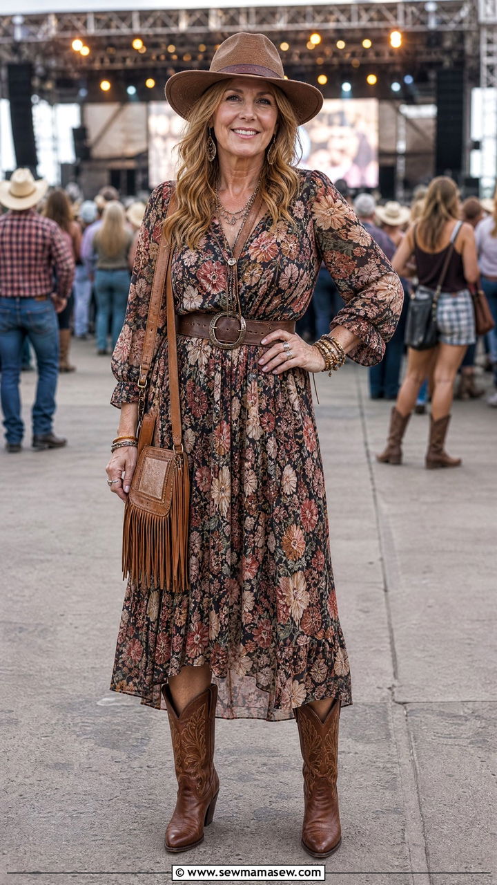 Cowboy Boots With Midi Dress Concert Look - 30 Concert outfit ideas for women over 50