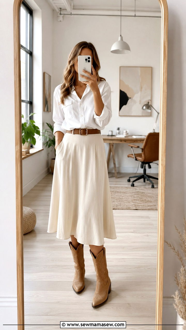 Cowboy Boots With Midi Skirt and Button Down - 20 How to style cowboy boots for work