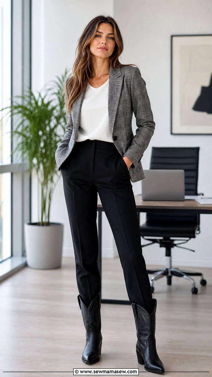 Cowboy Boots With Plaid Blazer and Slacks - 20 How to style cowboy boots for work
