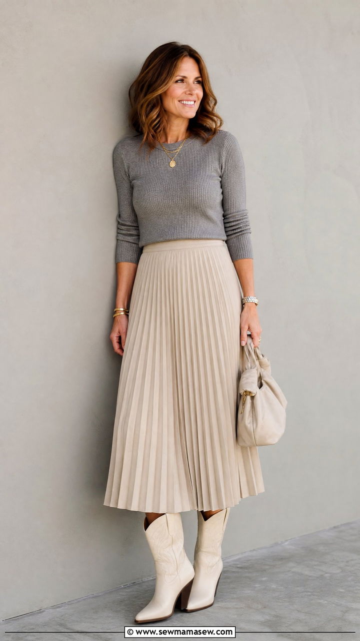 Cowboy Boots With Pleated Midi Skirt And Knit Top - 25 How to style cowboy boots over 40