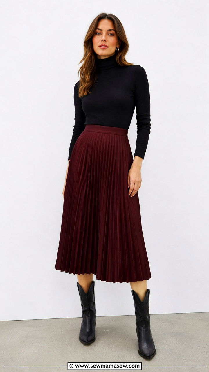Cowboy Boots With Pleated Skirt and Turtleneck - 20 How to style cowboy boots for work