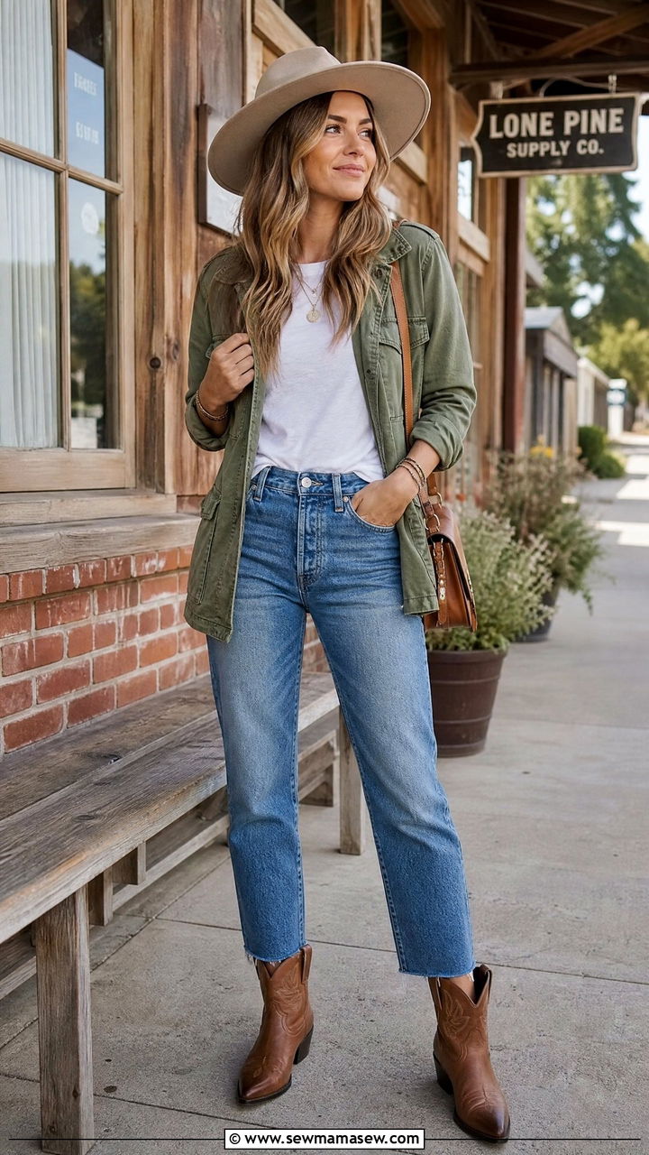 Cowboy Boots With Raw Hem Jeans and Utility Jacket - 30 Cowboy boots outfit ideas with jeans
