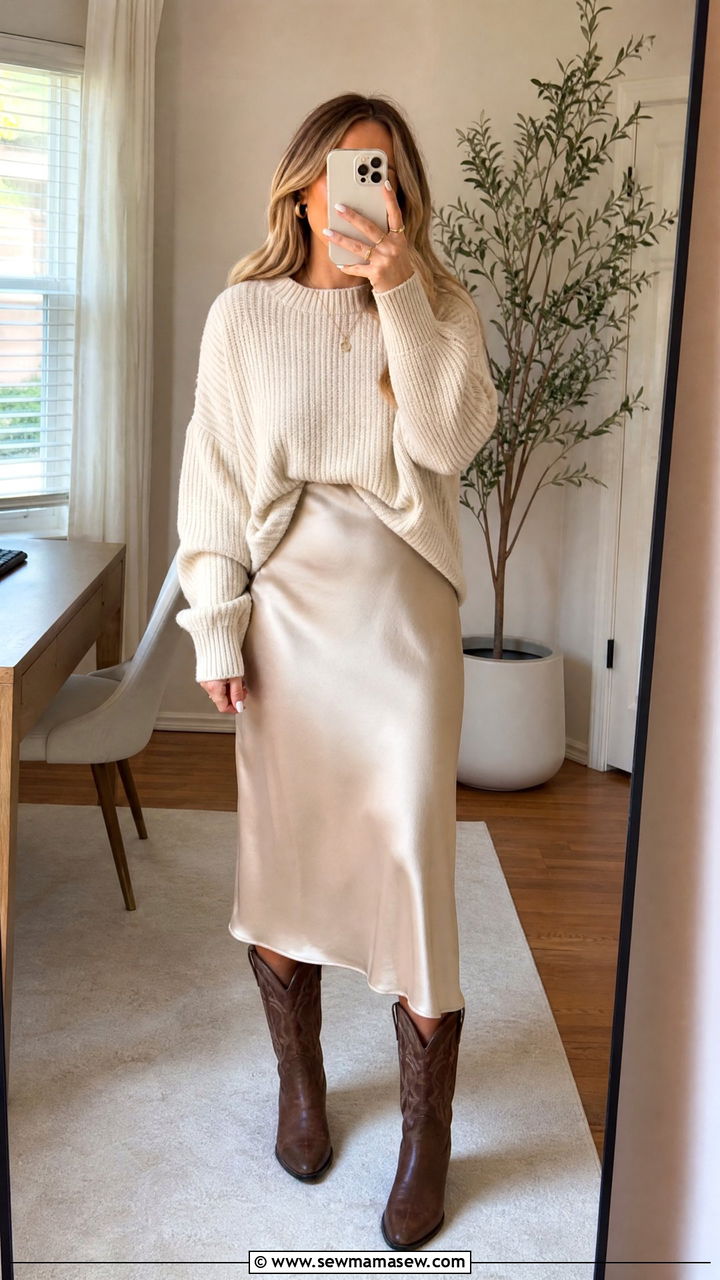 Cowboy Boots With Slip Skirt and Sweater - 20 How to style cowboy boots for work