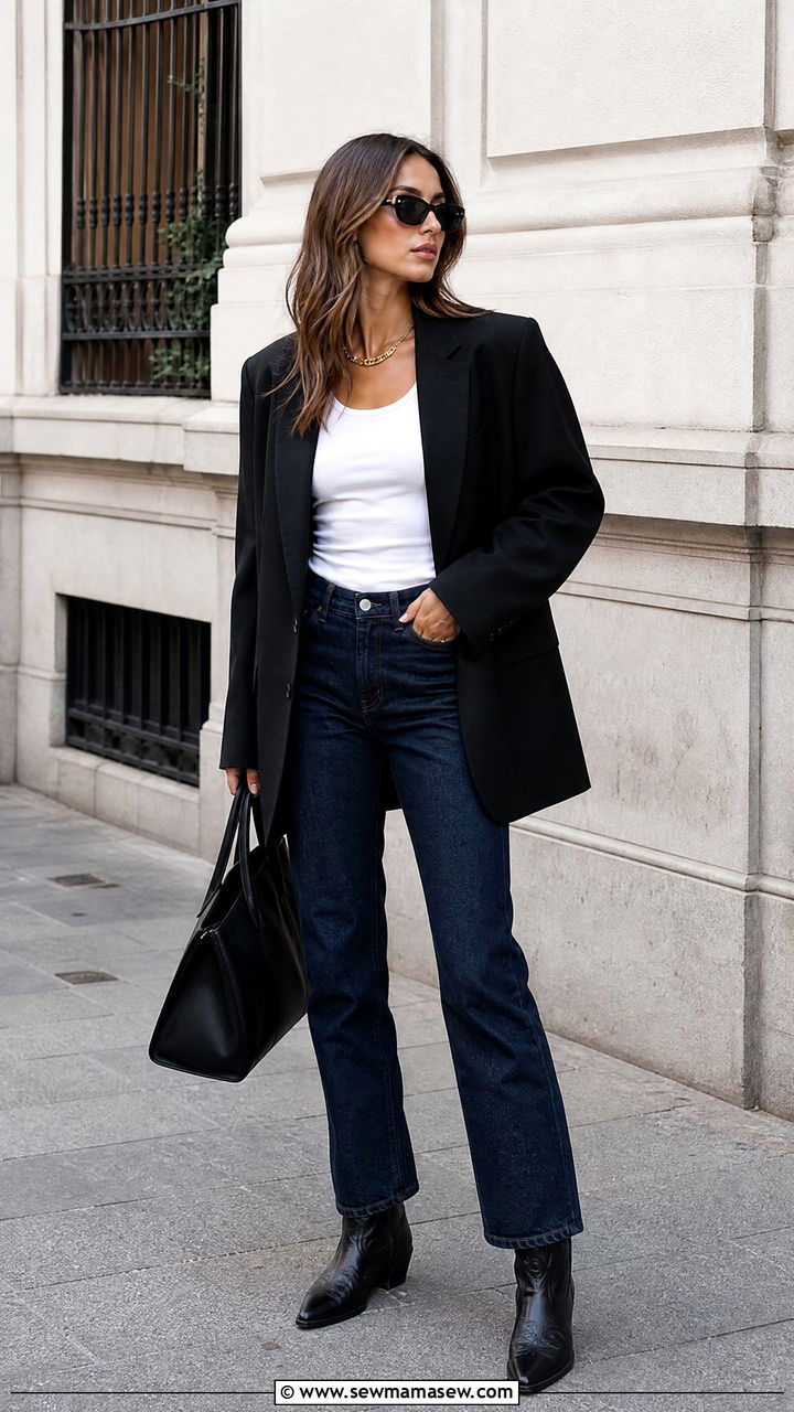 Cowboy Boots With Straight Leg Jeans and Oversized Blazer - 30 Cowboy boots outfit ideas with jeans