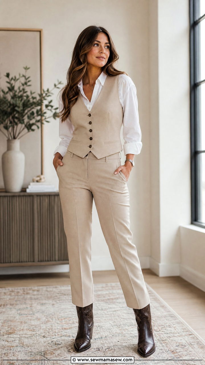 Cowboy Boots With Tailored Vest and Trousers - 20 How to style cowboy boots for work