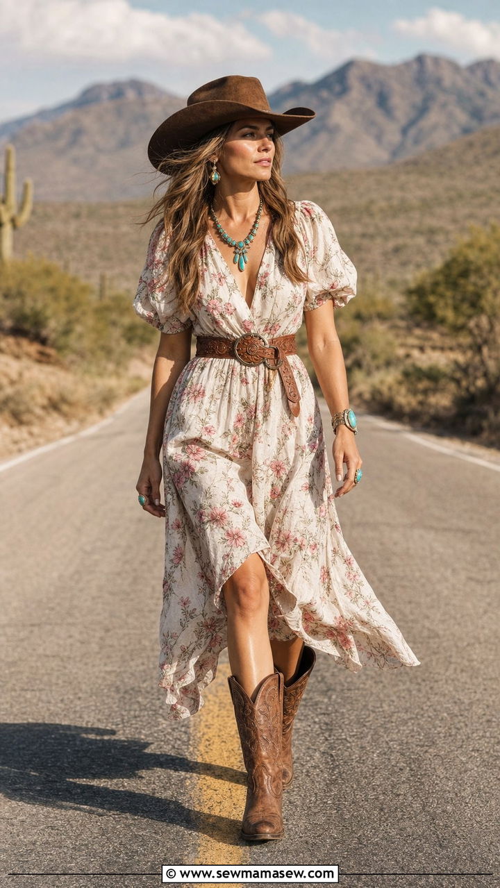 Cowboy Boots and Midi Dress Desert Look - 25 Spring desert outfits