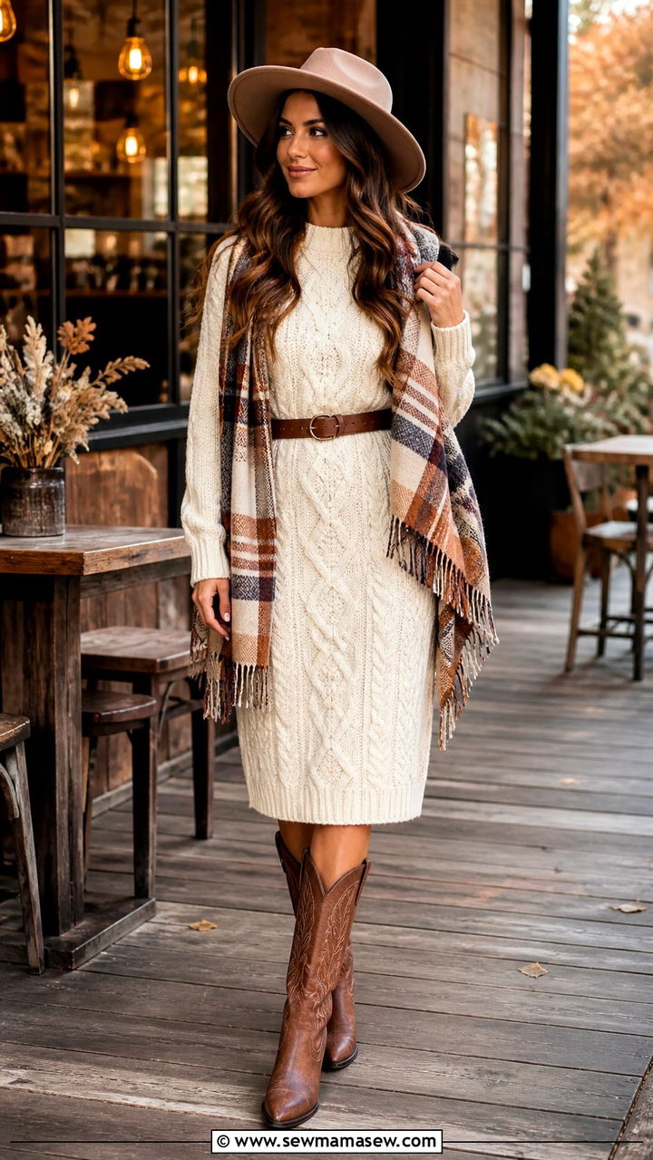 Cowboy Boots with Chunky Cable Knit Sweater Dress - 40 western outfits for women