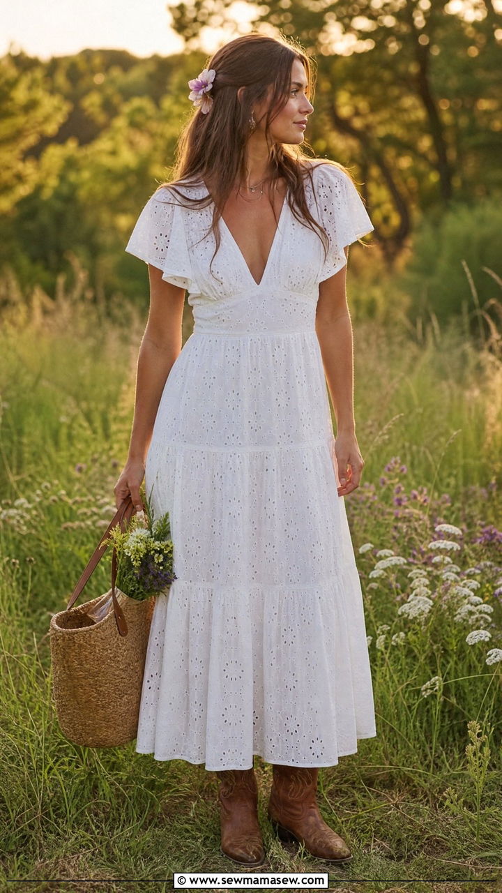 Cowboy Boots with Eyelet Cotton Maxi Dress - 30 Cowboy boots outfit ideas for summer