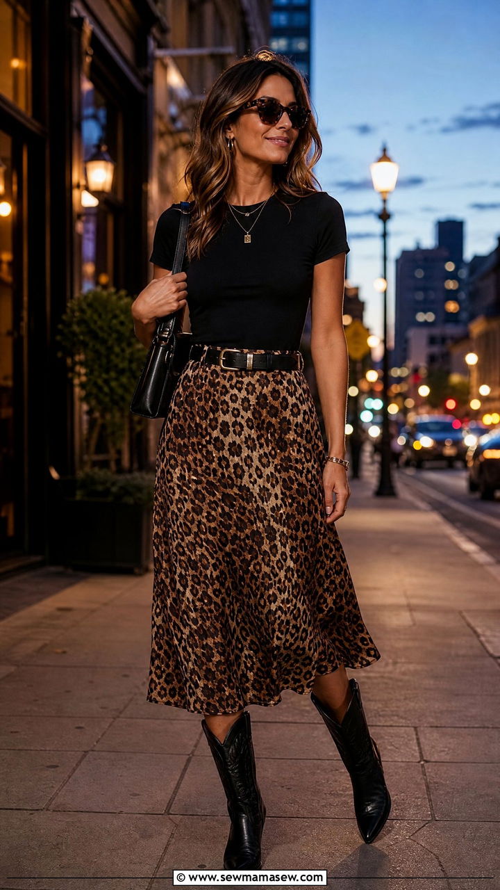 Cowboy Boots with Leopard Print Skirt - 30 Cowboy boots outfit ideas for summer