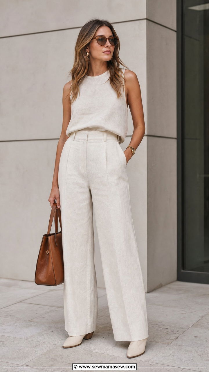 Cowboy Boots with Linen Wide Leg Trousers - 30 Cowboy boots outfit ideas for summer