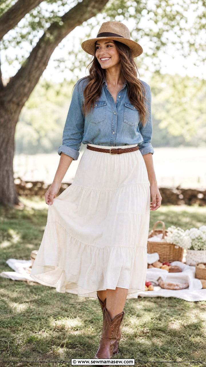 Cowboy Boots with Tiered Midi Skirt - 30 Cowboy boots outfit ideas for summer