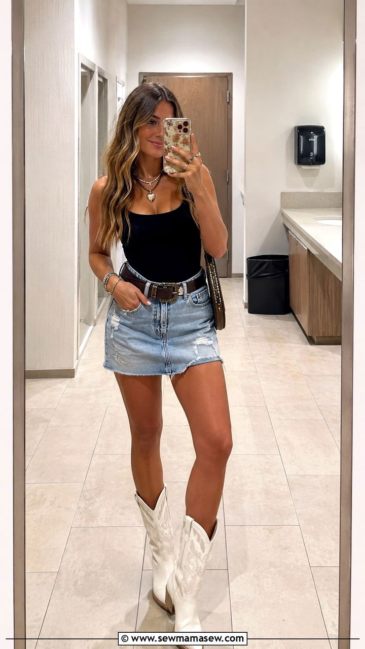Cowboy Boots with a Denim Mini Skirt - 30 Indoor concert outfit ideas