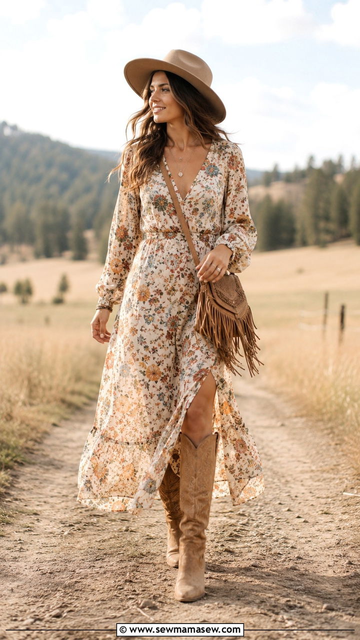 Cowboy Knee High Boots With A Flowy Maxi Dress - 30 Knee high boot outfit ideas