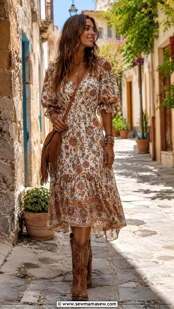 Cowboy boots with a boho midi dress - 20 How to style cowboy boots for travel