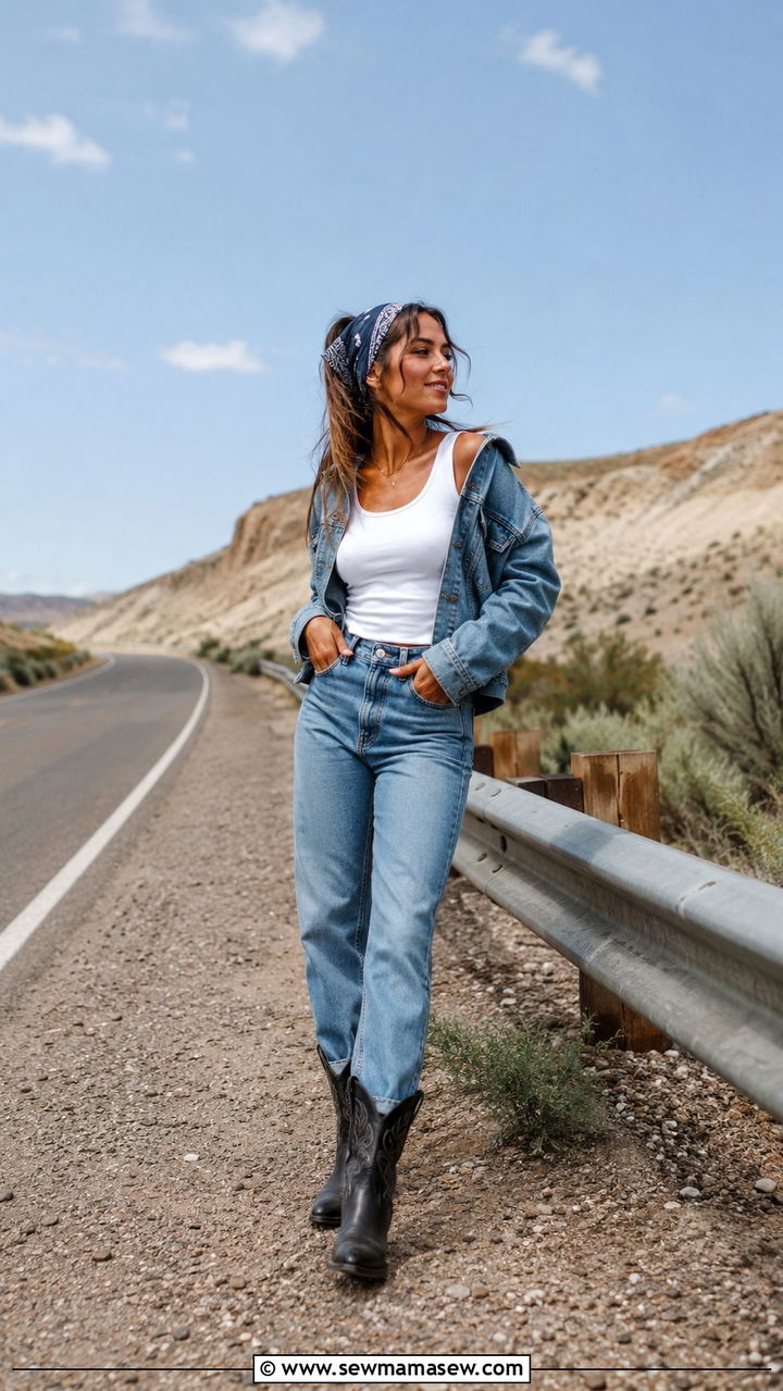 Cowboy boots with a denim jacket and jeans - 20 How to style cowboy boots for travel
