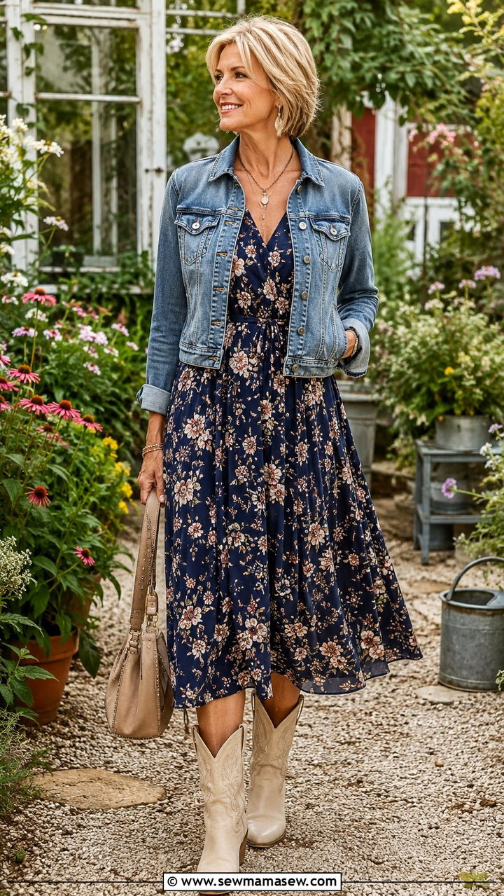 Cowboy boots with a floral midi dress - 20 How to style cowboy boots over 60
