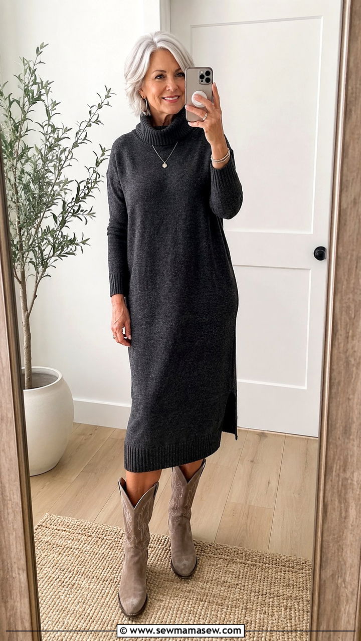 Cowboy boots with a midi sweater dress - 20 How to style cowboy boots over 60