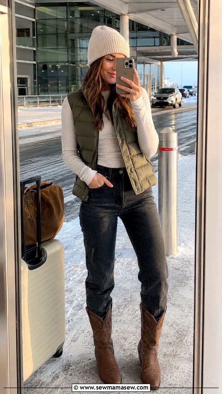 Cowboy boots with a puffer vest and jeans - 20 How to style cowboy boots for travel