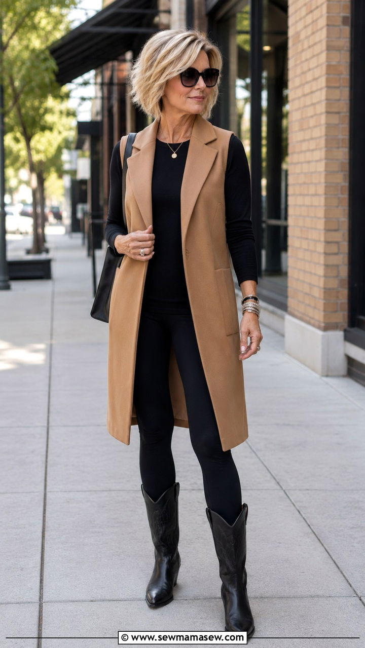 Cowboy boots with a tailored coat and midi dress - 20 How to style cowboy boots over 60