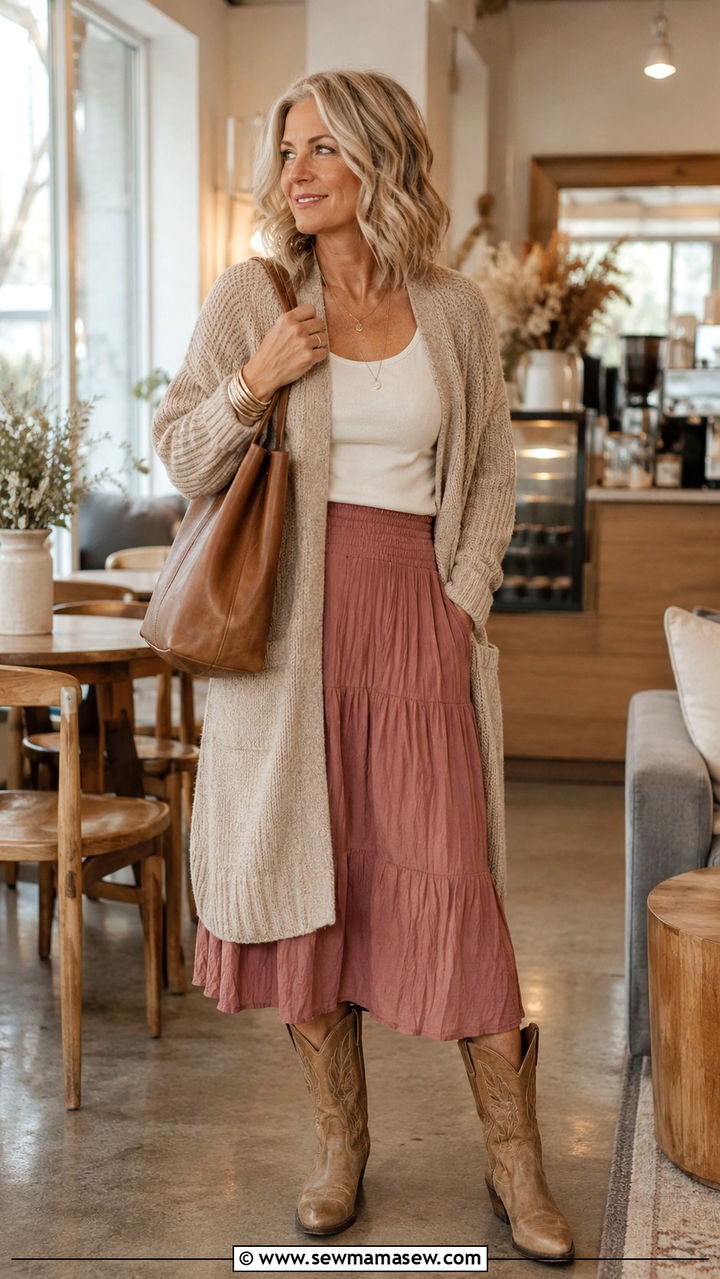Cowboy boots with cardigan and midi skirt - 20 How to style cowboy boots over 50