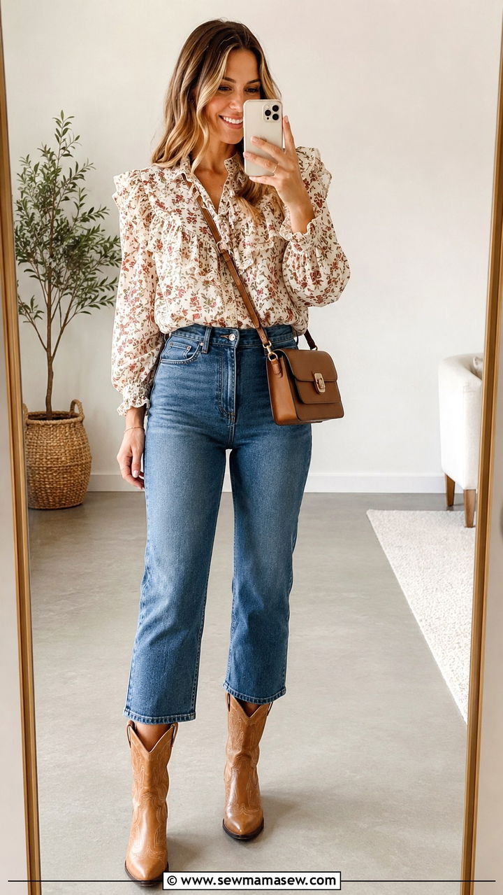 Cowboy boots with cropped jeans and blouse - 30 How to style cowboy boots in spring