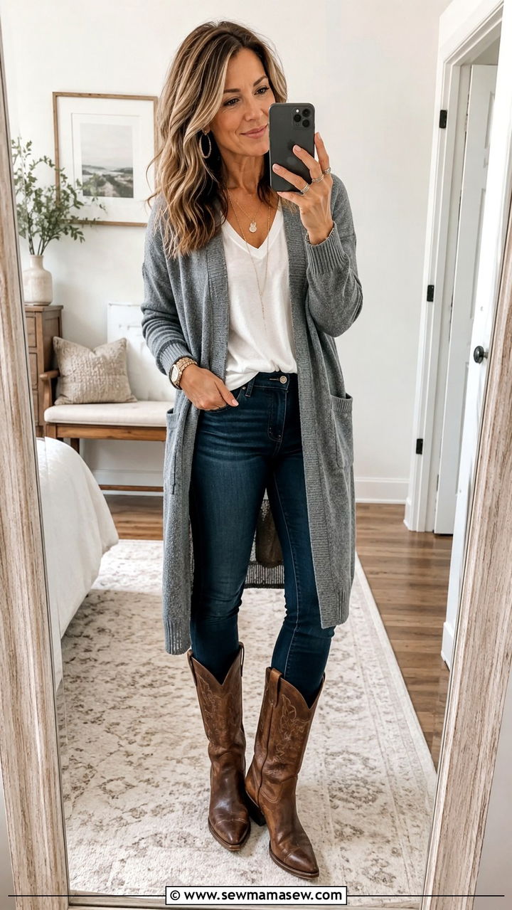 Cowboy boots with cropped trousers and a chunky sweater - 20 How to style cowboy boots over 60