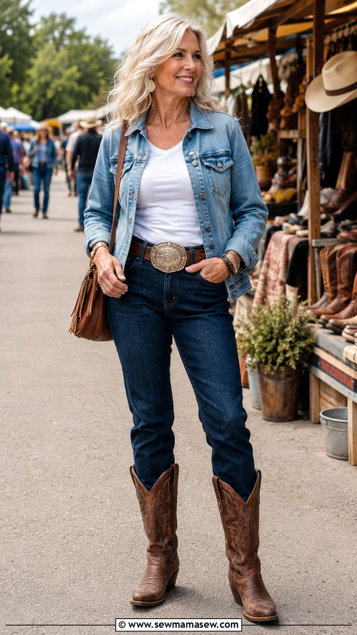 Cowboy boots with denim jacket and jeans - 20 How to style cowboy boots over 50