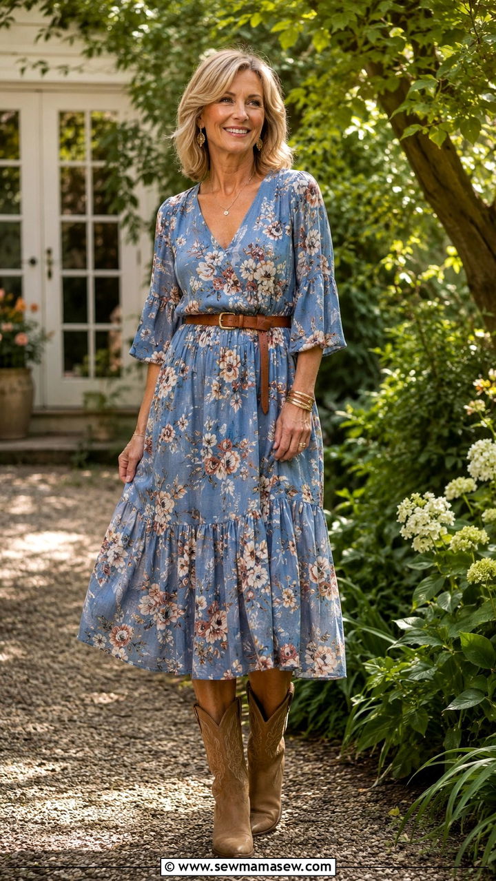 Cowboy boots with floral midi dress - 20 How to style cowboy boots over 50