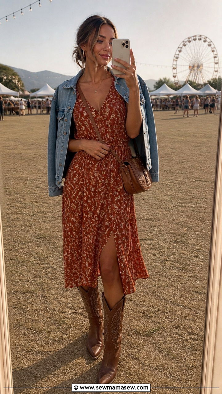 Cowboy boots with floral midi dress - 40 festival outfits ideas