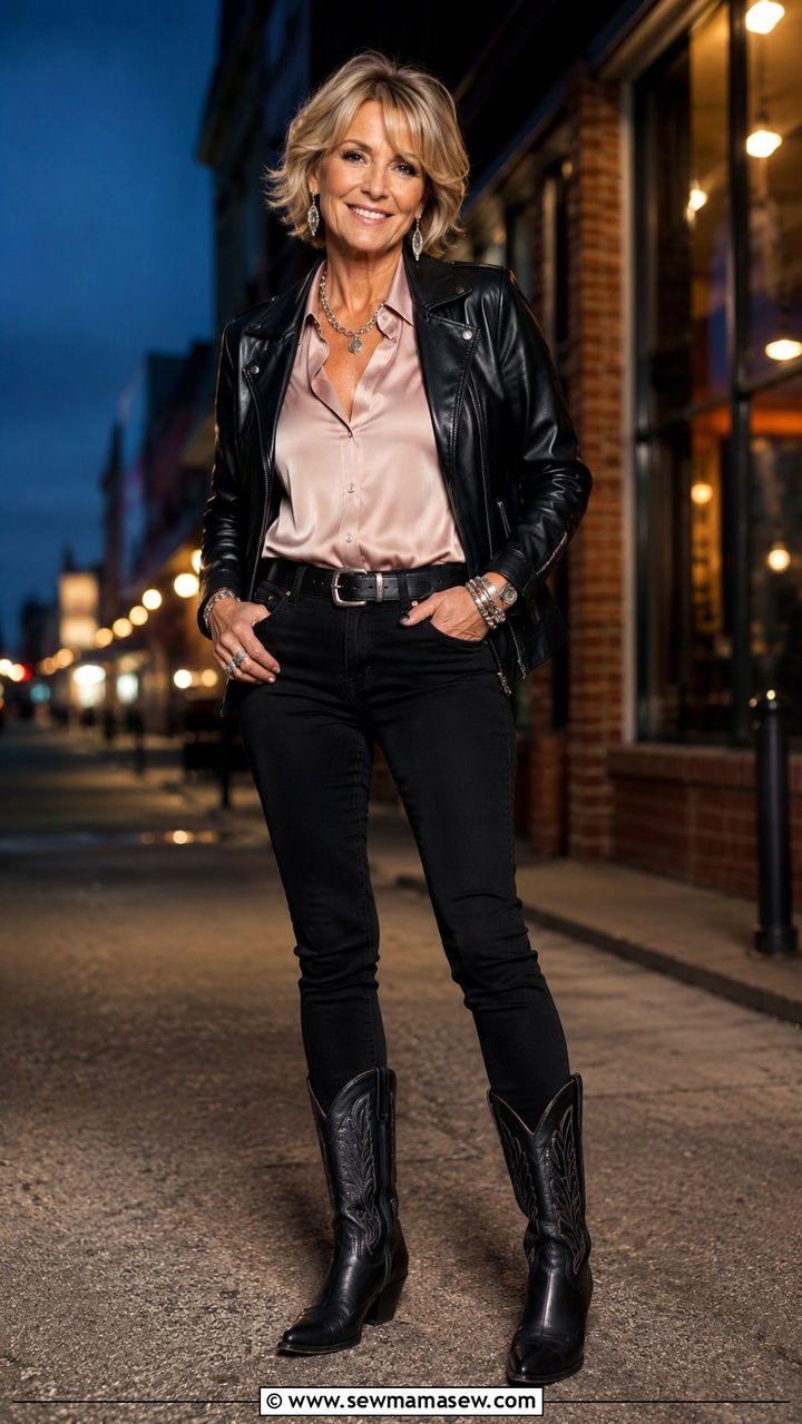 Cowboy boots with leather jacket and black jeans - 20 How to style cowboy boots over 50