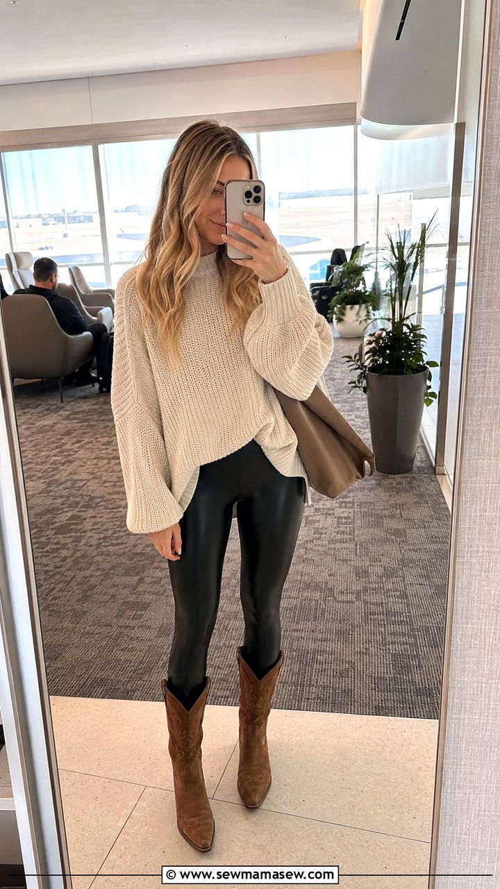 Cowboy boots with leggings and an oversized sweater - 20 How to style cowboy boots for travel