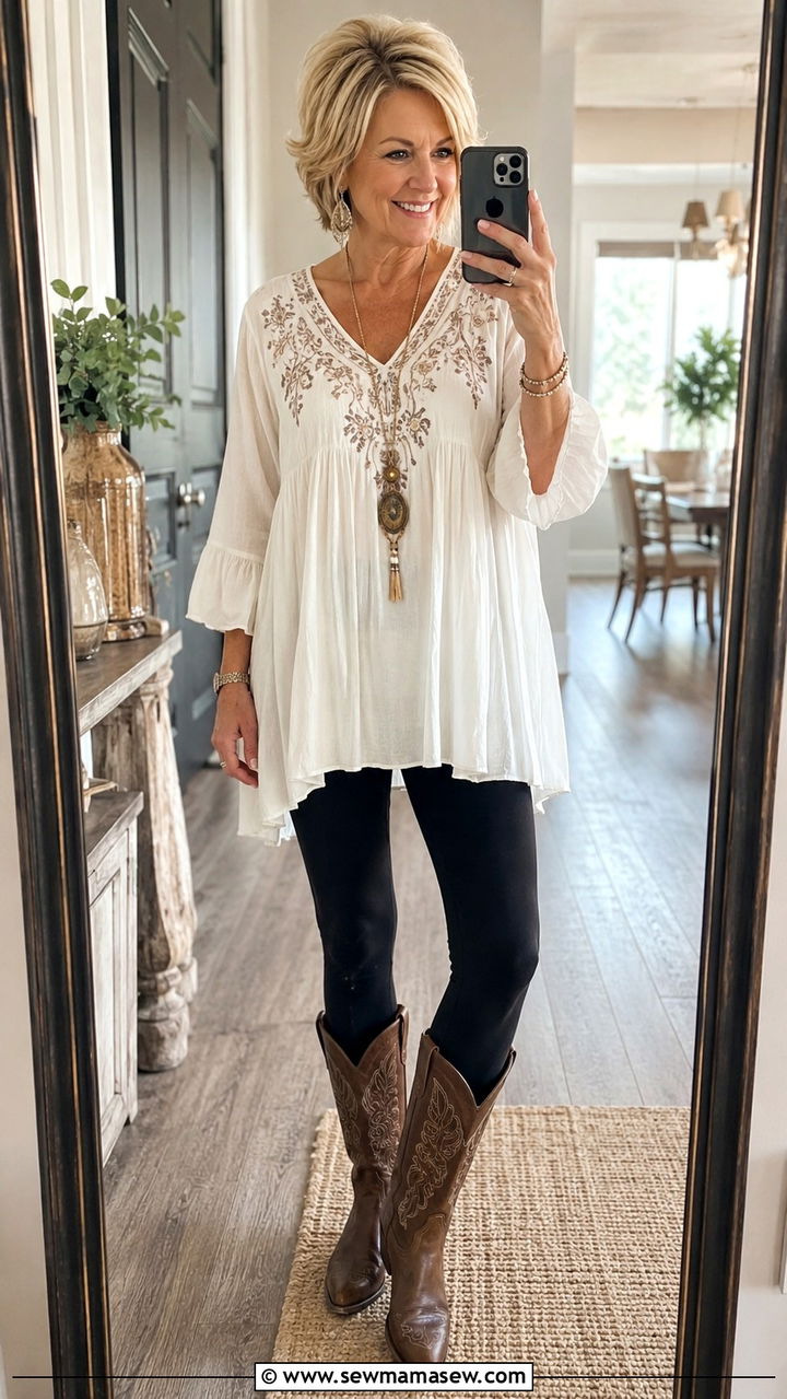 Cowboy boots with leggings and tunic top - 20 How to style cowboy boots over 50