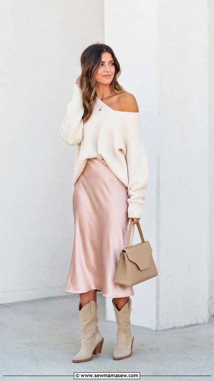 Cowboy boots with midi skirt and sweater - 30 How to style cowboy boots in spring