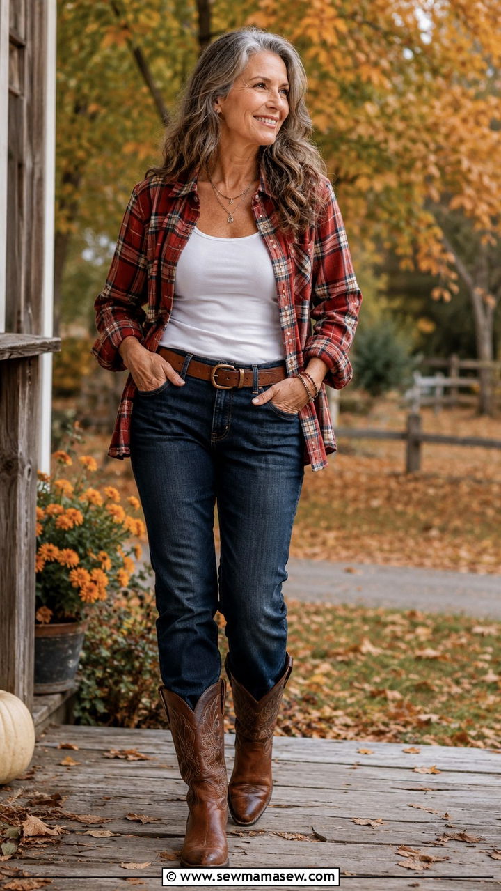 Cowboy boots with plaid shirt and jeans - 20 How to style cowboy boots over 50