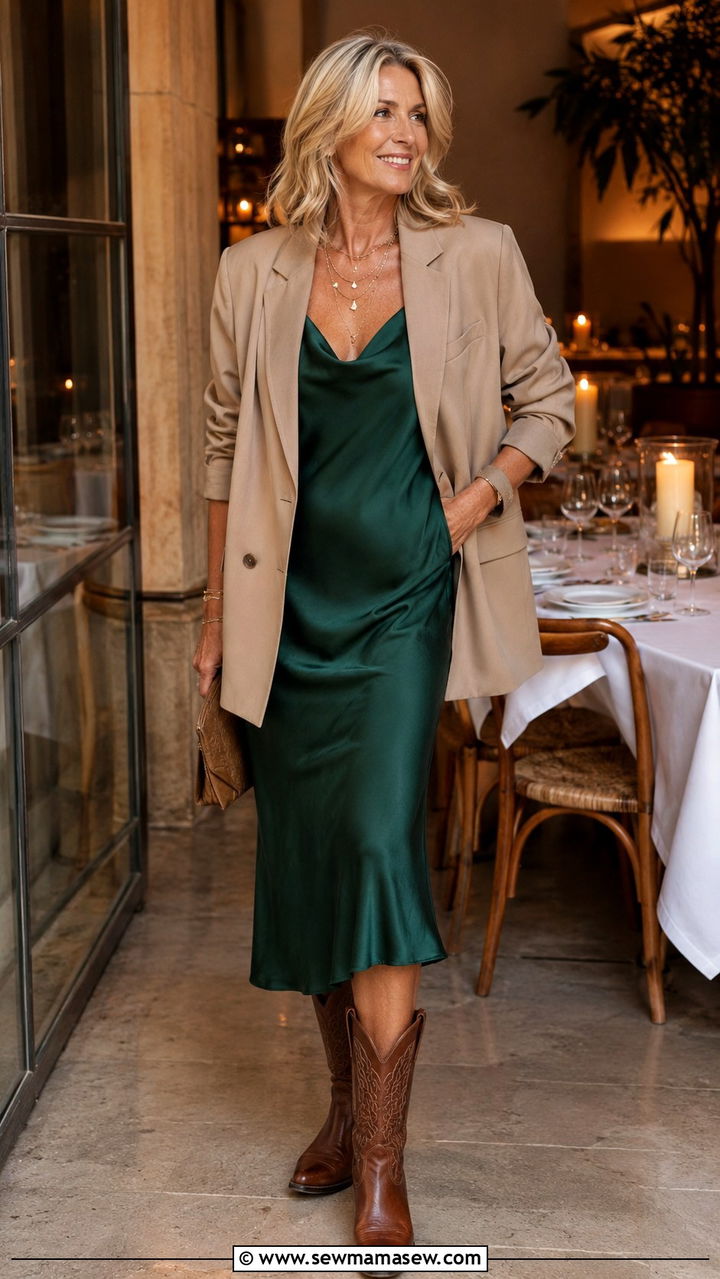 Cowboy boots with slip dress and blazer - 20 How to style cowboy boots over 50