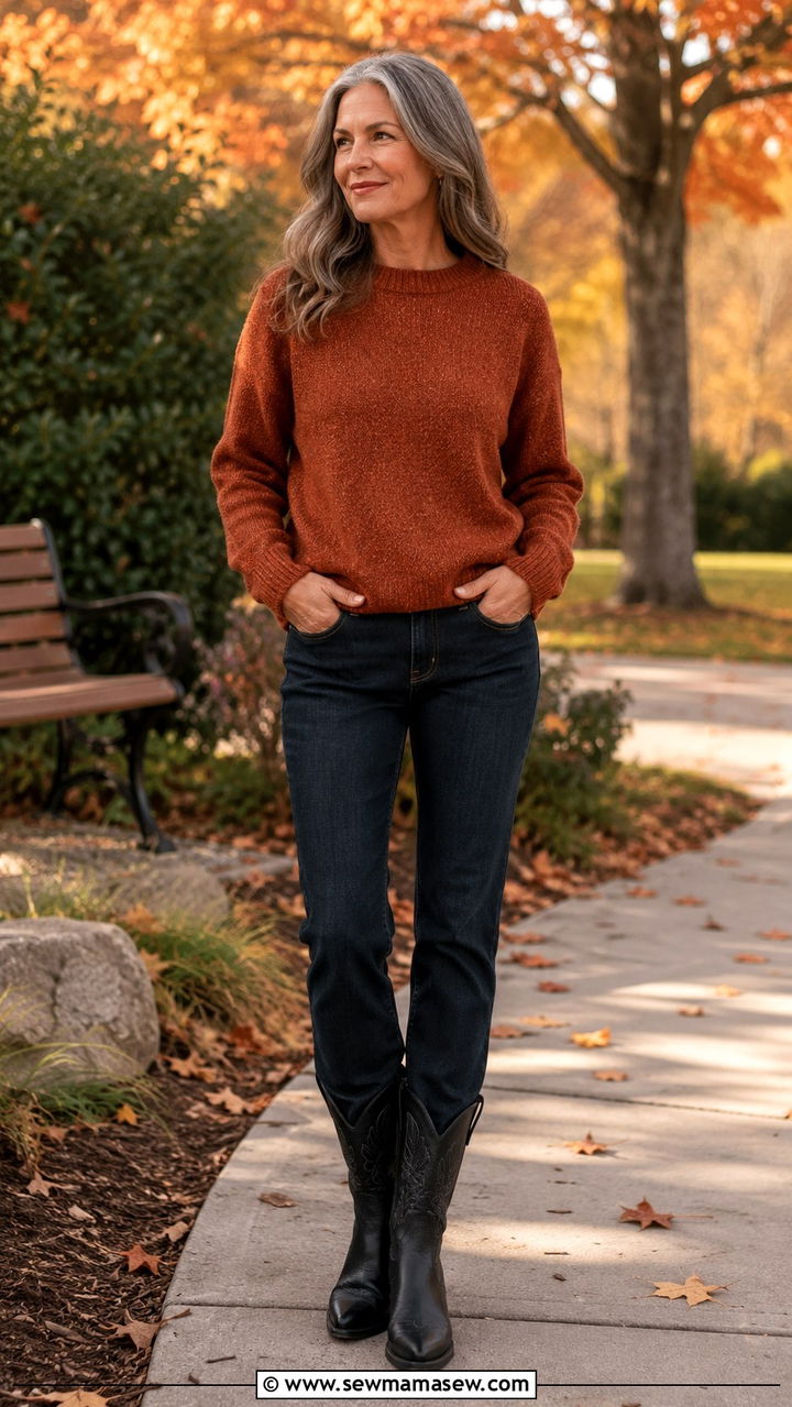Cowboy boots with straight leg jeans and a sweater - 20 How to style cowboy boots over 60