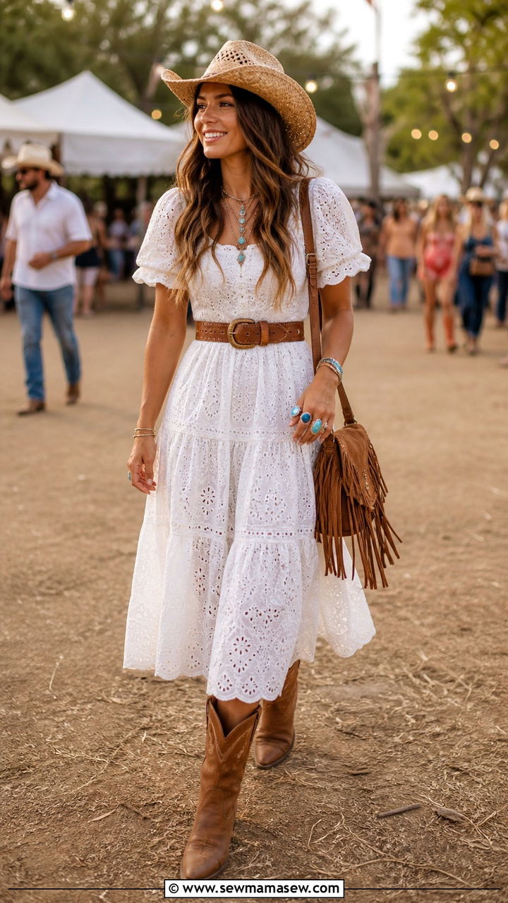 Cowboy boots with white eyelet dress - 40 Coachella outfit ideas