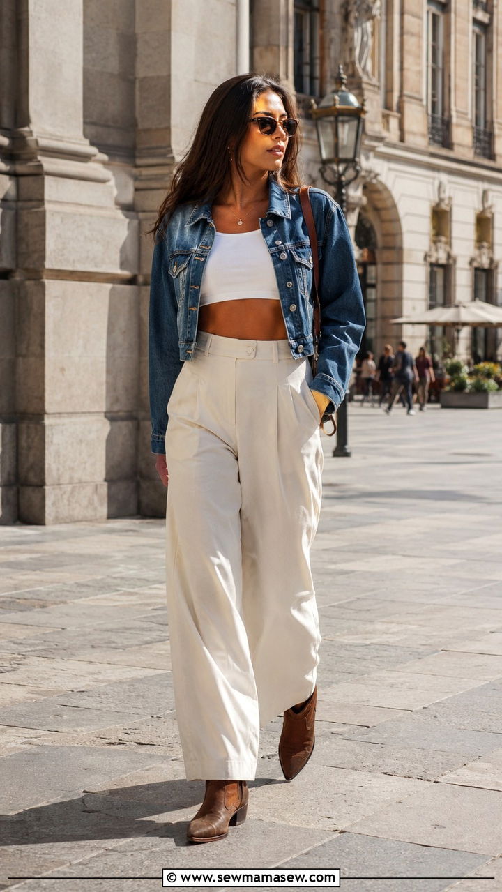 Cowboy boots with wide leg trousers and a cropped top - 20 How to style cowboy boots for travel