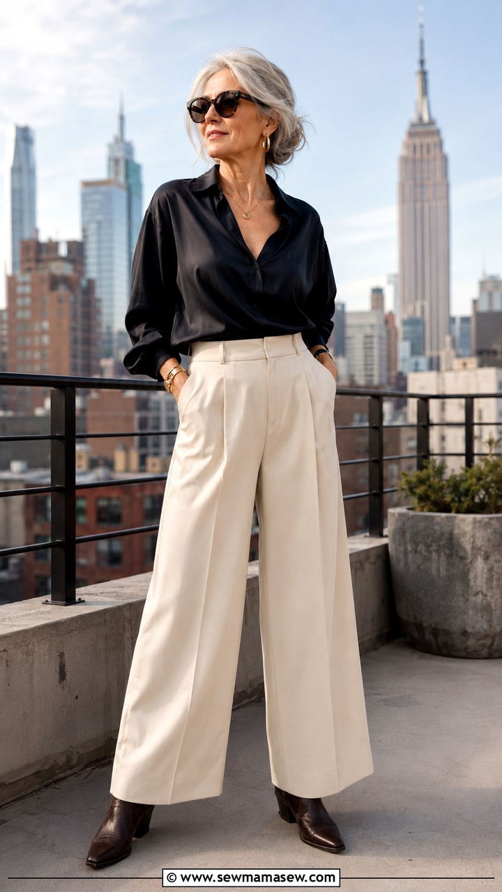 Cowboy boots with wide leg trousers and a silk blouse - 20 How to style cowboy boots over 60
