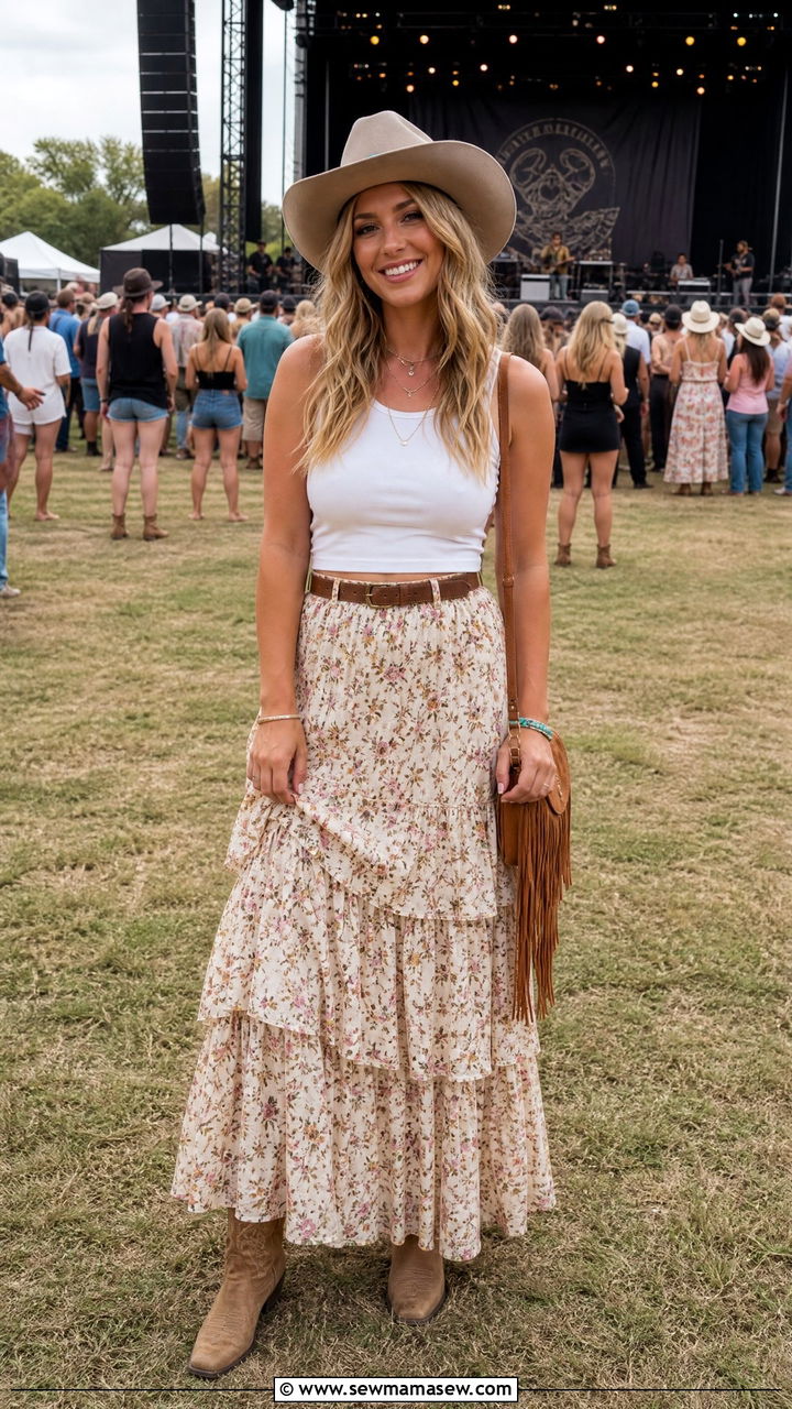 Cowgirl Boots and Flowy Maxi Skirt - 30 cute country concert outfits