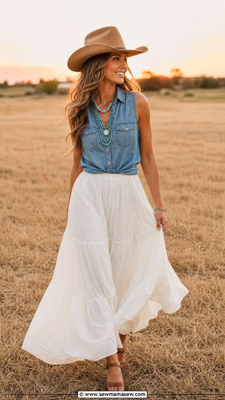 Cowgirl Hat with Denim Top and Flowy Maxi Skirt - 30 Country concert outfit ideas summer