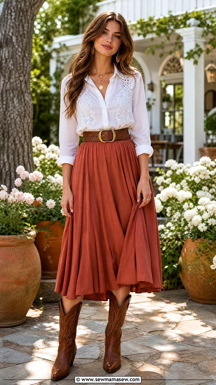 Cowgirl Outfit with Button Down Shirt and Midi Skirt - 30 cowgirl outfit ideas for women