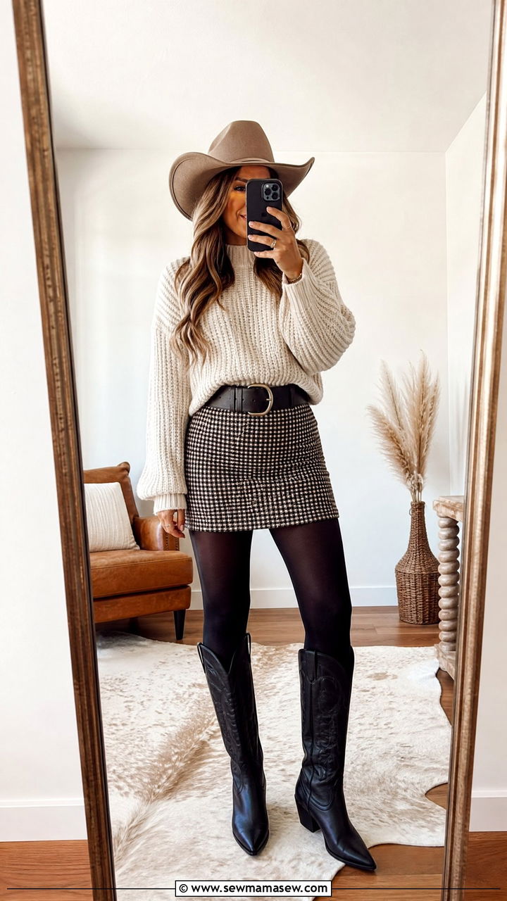 Cowgirl Outfit with Cozy Sweater and Printed Mini Skirt - 30 cowgirl outfit ideas for women