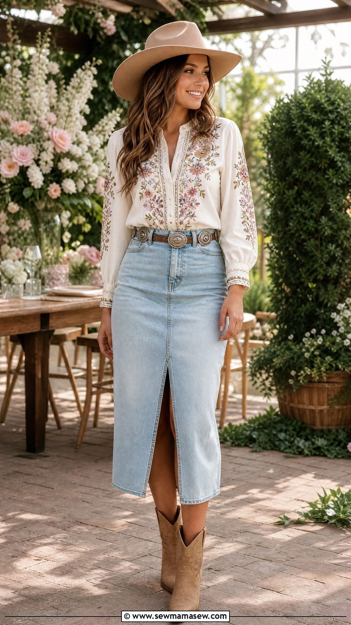 Cowgirl Outfit with Embroidered Blouse and Denim Skirt - 30 cowgirl outfit ideas for women