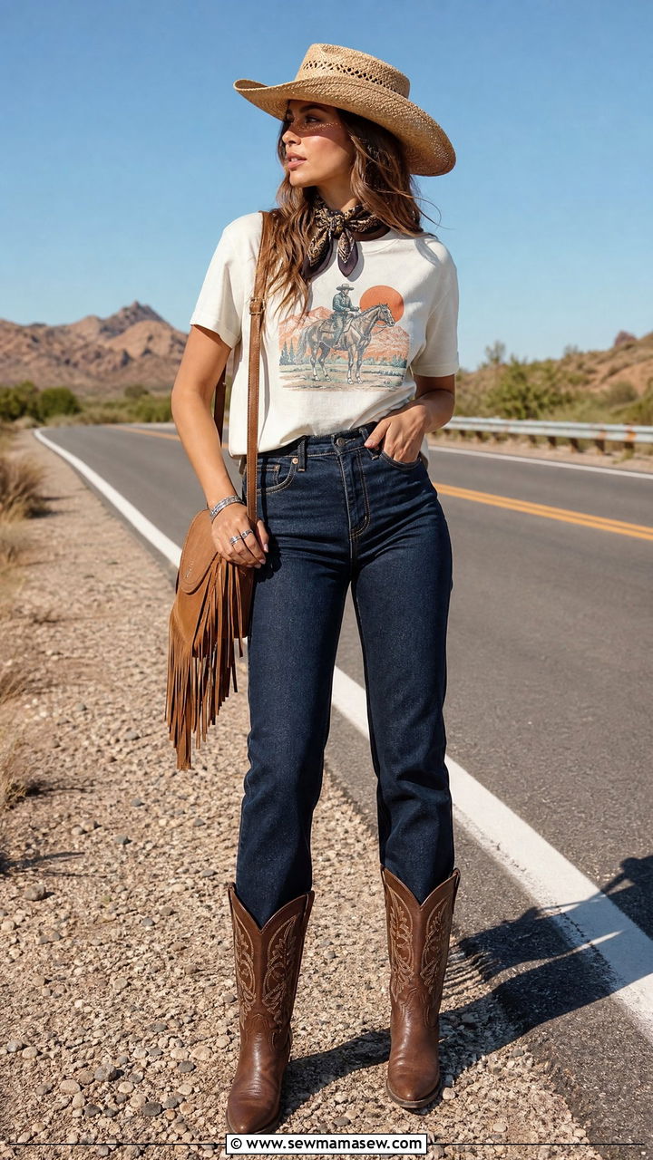 Cowgirl Outfit with Graphic Tee and Fringe Crossbody - 30 cowgirl outfit ideas for women